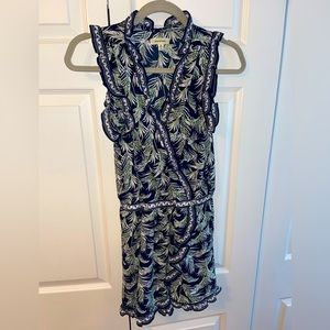 Palm leaf navy blue ruffle trim romper